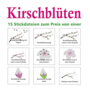 May include: A set of 15 embroidery designs featuring cherry blossoms in various colors and sizes, including branches with birds, single blossoms, and buds. The designs are perfect for creating beautiful embroidery projects.