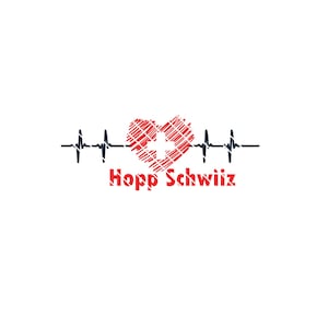 Peut inclure: Un cœur rouge avec une croix blanche à l'intérieur, entouré d'une ligne ECG noire et blanche. Le texte "Hopp Schwiiz" est sous le cœur.