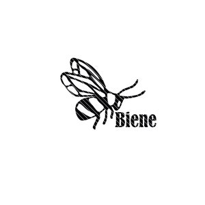 May include: Black and white illustration of a bee with the word "Biene" below it.