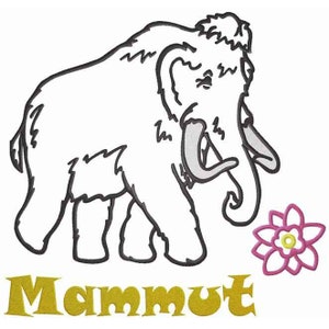 Puede incluir: Un dibujo en blanco y negro de un mamut con una flor rosa. La palabra "Mammut" está escrita en letras doradas debajo del mamut.