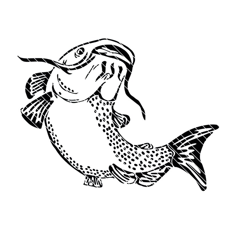 Puede incluir: Ilustraci&oacute;n en blanco y negro de l&iacute;nea de un pez gato con un patr&oacute;n de puntos. El pez gato se representa con la boca abierta y sus bigotes visibles.