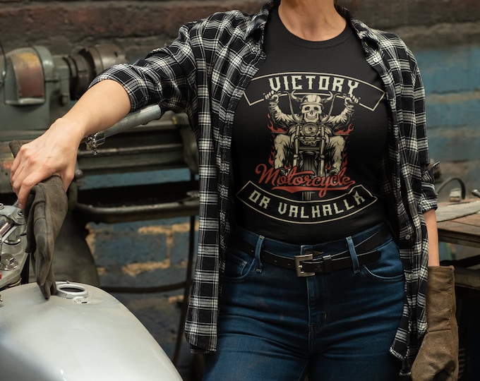 Classic Old School Cool Victory Or Valhalla Vintage Motorcycle Unisex Heavy Cotton Tee