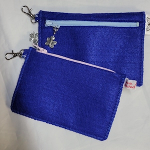 Keychain Card Wallet Jewelry Earbud Case Top Zipper or Front Zipper of Felt Blue