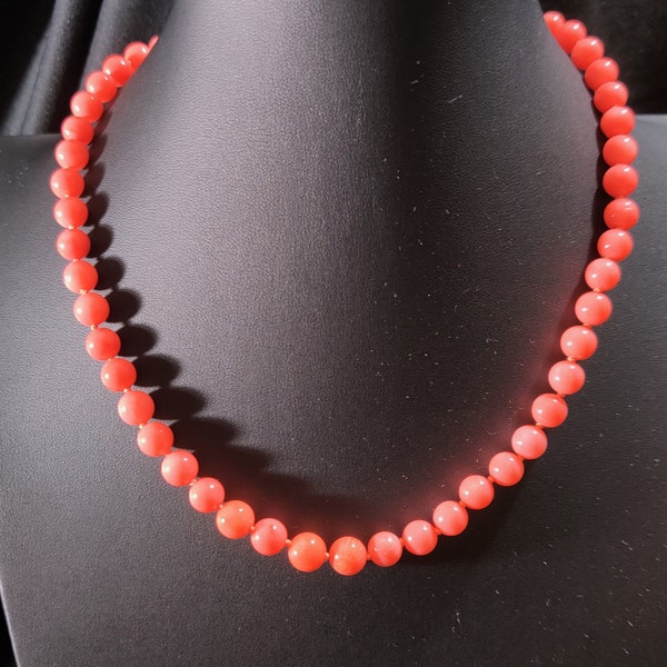 Vintage Antique Art Deco Polished Coral Bead Necklace Hand Knotted Sterling Silver Clasp 19"