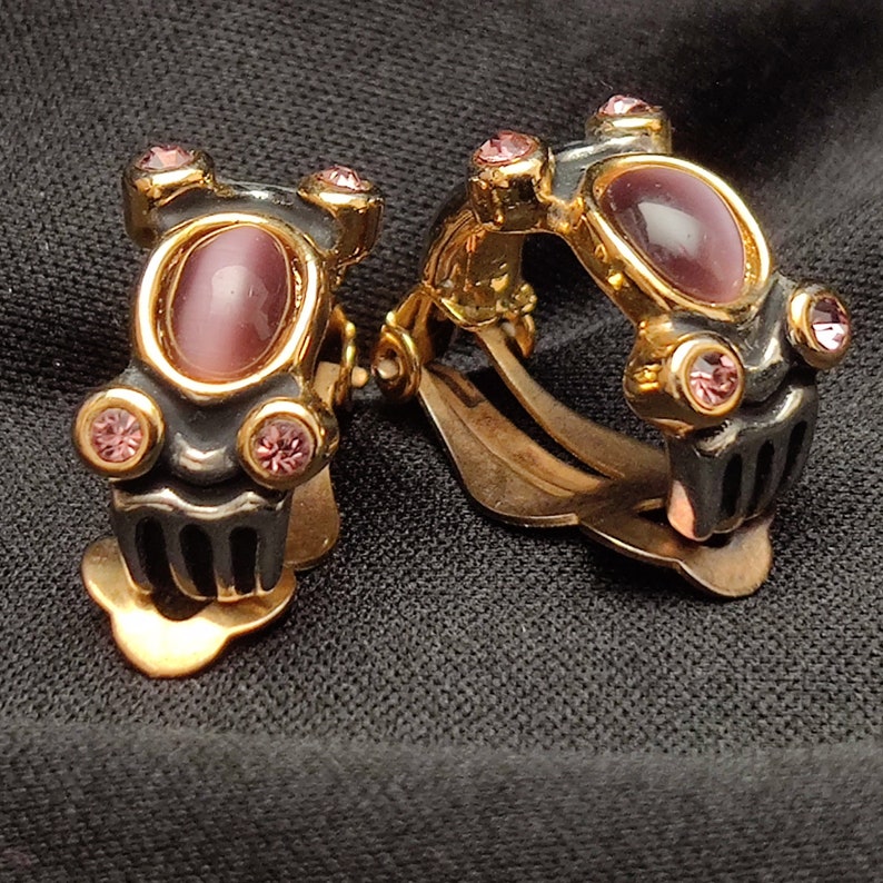 Vintage Retro Purple Cats Eye Amethyst Rhinestone Earrings 80/'s Art Deco Revival