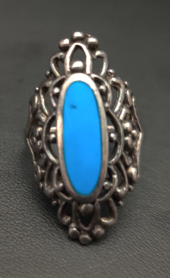 Vintage Sterling Silver Turquoise Ring Victorian … - image 2