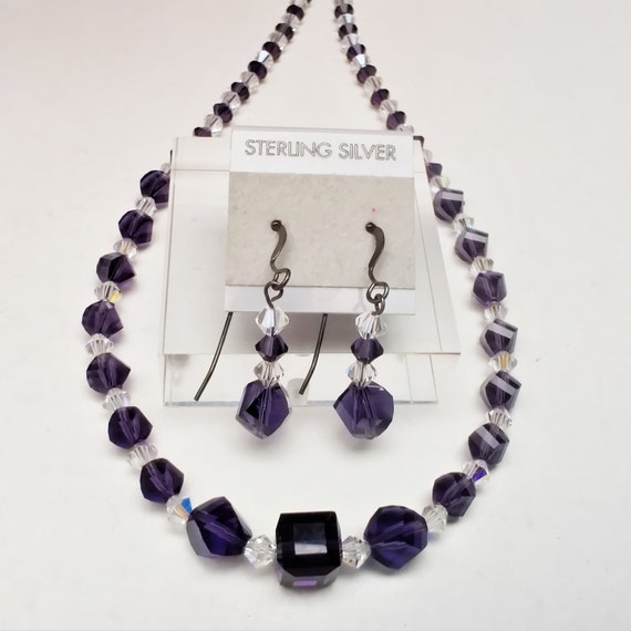 Vintage 80's NOS Purple Crystal Sterling Silver D… - image 1