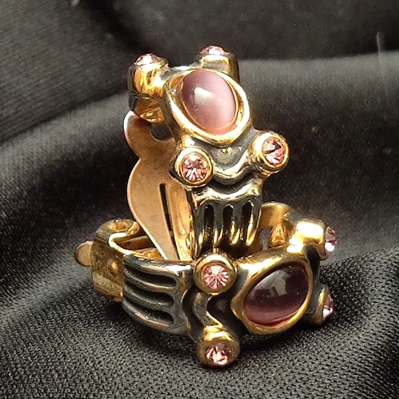 Vintage Retro Purple Cats Eye Amethyst Rhinestone Earrings 80/'s Art Deco Revival