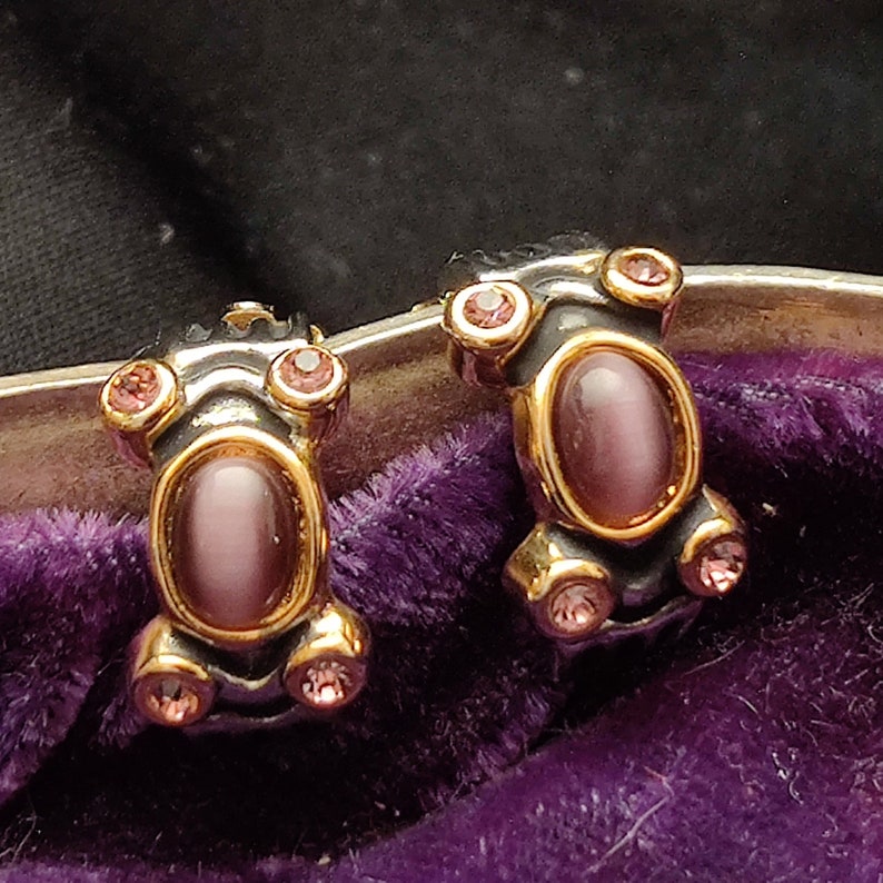 Vintage Retro Purple Cats Eye Amethyst Rhinestone Earrings 80/'s Art Deco Revival