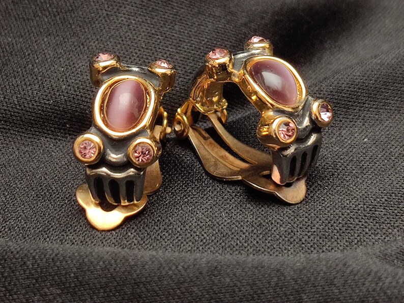 Vintage Retro Purple Cats Eye Amethyst Rhinestone Earrings 80/'s Art Deco Revival