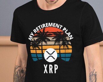 May include: Black t-shirt with a retro sunset graphic and palm trees. The graphic includes the text "My Retirement Plan" and the XRP logo.