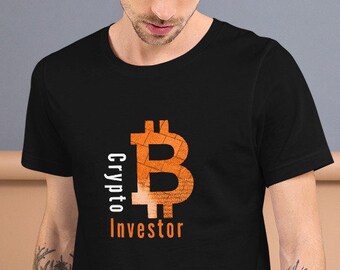May include: A black t-shirt with an orange Bitcoin symbol and the text "Crypto Investor" in white.