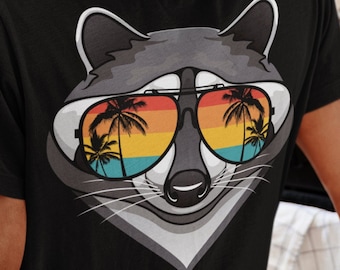 面白いアライグマのグラフィックTシャツ：レトロなサングラス、動物好きのためのシャツ