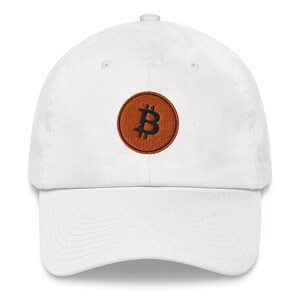 May include: White cotton baseball cap with an embroidered orange and black Bitcoin logo.
