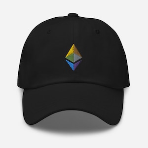 May include: Black baseball cap with an embroidered Ethereum logo in yellow, blue, green, and purple.