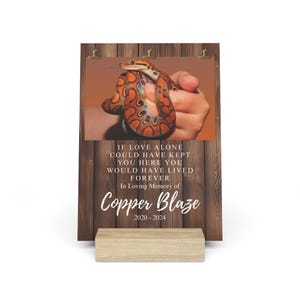 May include: A wooden memorial plaque featuring a photo of a snake. The plaque includes the text "IF LOVE ALONE COULD HAVE KEPT YOU HERE YOU WOULD HAVE LIVED FOREVER In Loving Memory of Copper Blaze 2020-2024."
