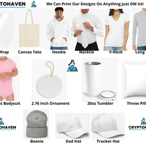 Puede incluir: Una colecci&oacute;n de productos en blanco personalizables, que incluyen una bolsa de mano, una sudadera con capucha, una camisa de manga larga, una camisa de cuello en V, una corbata, papel de regalo, un body para beb&eacute;, un adorno de 7 cm, un vaso de 600 ml, una almohada, un gorro, una gorra de b&eacute;isbol y una gorra de camionero. Los productos son todos blancos, excepto el body para beb&eacute;, que es rosa, y el gorro, que es gris. El texto "CRYPTOHAVEN" aparece en la imagen.