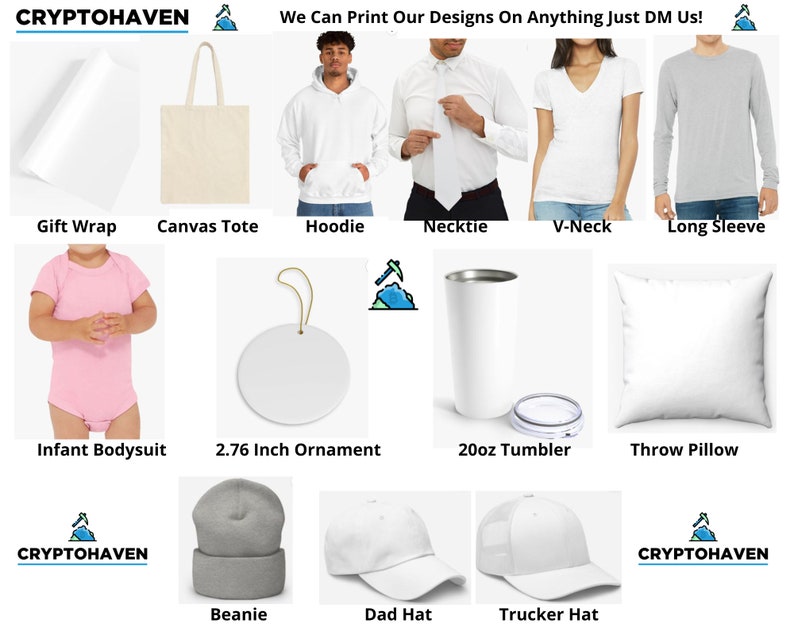Puede incluir: Una colecci&oacute;n de productos en blanco personalizables, que incluyen una bolsa de mano, una sudadera con capucha, una camisa de manga larga, una camisa de cuello en V, una corbata, papel de regalo, un body para beb&eacute;, un adorno de 7 cm, un vaso de 600 ml, una almohada, un gorro, una gorra de b&eacute;isbol y una gorra de camionero. Los productos son todos blancos, excepto el body para beb&eacute;, que es rosa, y el gorro, que es gris. El texto "CRYPTOHAVEN" aparece en la imagen.