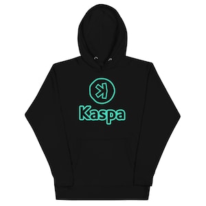 May include: Black hooded sweatshirt with a teal green logo featuring a circle with an arrow pointing to the right and the word "Kaspa" underneath.