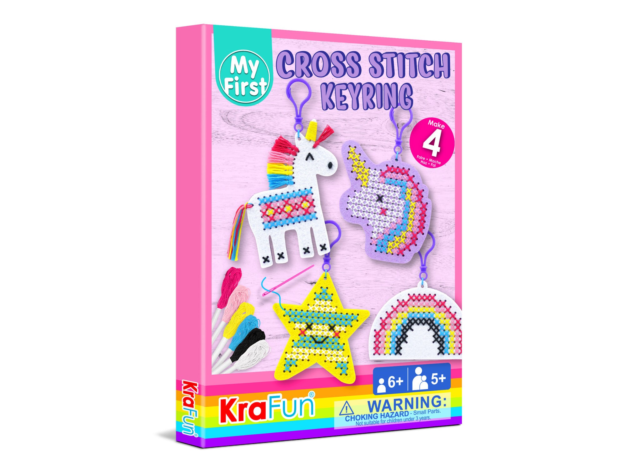 KRAFUN Cross Stitch Kits for Kids Beginners, 4 Cross Stitching Keyrings Arts & Crafts with Butterfly and Flower, Needlepoint