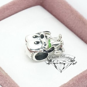 May include: A silver charm in the shape of a cartoon dog with green eyes and a green collar. The charm is in a white box with a pink interior. The box has the words "Charm Boutique" printed on it.