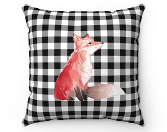 Red Fox on Buffalo Plaid Black and White Checkered Design Faux Suede Pillow Available in 4 Sizes | Animal Pillows | Pillow Included