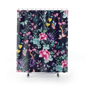 Stunning Chinoiserie Floral Print Shower Curtain | Shower Decor | Bathroom Decor | Chinoiserie Print