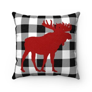 Black and White Buffalo Plaid With Red Moose Faux Suede Pillow Available in 4 Sizes With Free Shipping Pillow Included