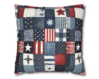 Patriotic Faux Suede Square Pillow Case Red White Blue 4th of July Independence Day Decor Quilt Look Pillow Cover