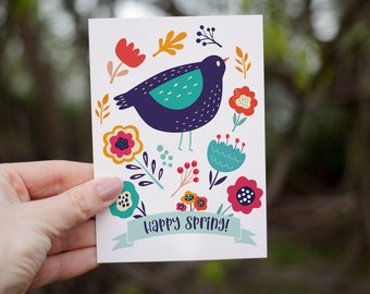 Happy Spring Greeting Card | Spring Note Cards | Easter Cards | Cute Cards | Birds and Flowers with Happy Spring Note Card