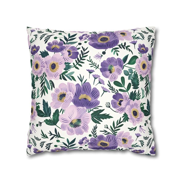 Purple Lilac Floral Print on Faux Suede Square Pillow Case Home Decor Housewarming Gifts Mother's Day Gift Father's Day Gift