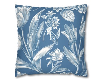 Elegant Florals on Blue Print Faux Suede Square Pillow Case Home Decor Housewarming Gifts Mother's Day Gift Floral Minimalistic