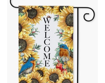 Tournesols et oiseaux bleus Automne Bienvenue Yard Flag Impression recto verso Couleur époustouflante