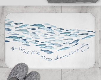 Christian Home Bath Mat Schooling Fish with Genesis 1:20 Bible Verse |  Bath Mat | Let the water teem with living creatures....