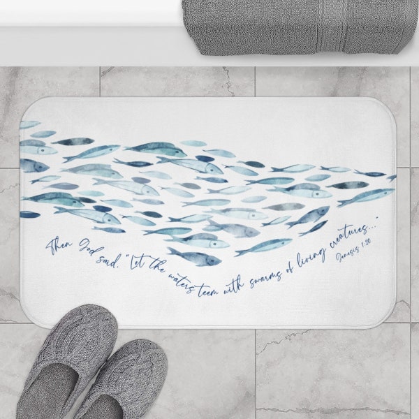 Christian Home Bath Mat Schooling Fish with Genesis 1:20 Bible Verse |  Bath Mat | Let the water teem with living creatures....