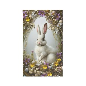 Peut inclure: Un lapin blanc aux longues oreilles assis dans un nid de fleurs violettes et jaunes. Le lapin est entouré de petits œufs blancs et de feuilles vertes.