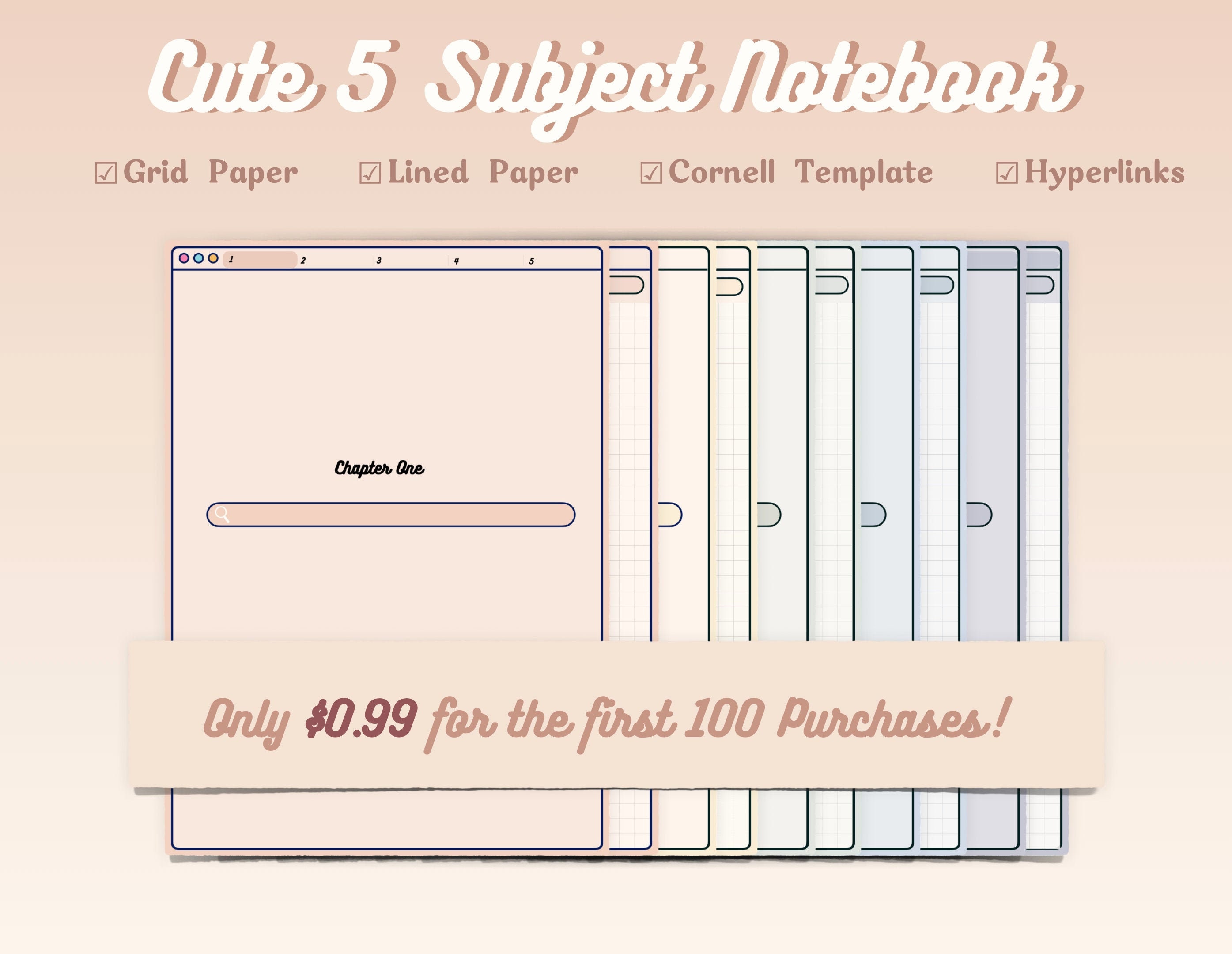 Cute Digital Notebook, 5 Subject Colored Digital Notebook