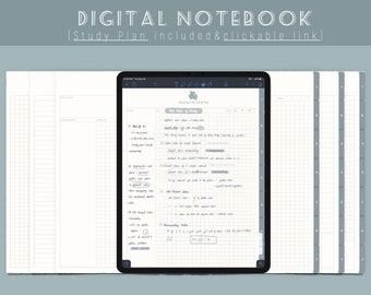 May include: A digital notebook displayed on a tablet, with the text "DIGITAL NOTEBOOK" at the top. The tablet screen shows handwritten notes and a study plan. The background includes additional pages with grid and lined paper.