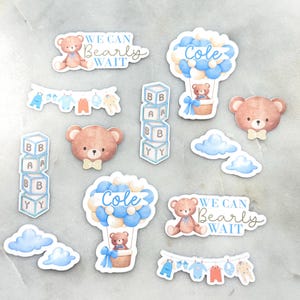 Nous pouvons attendre avec impatience confettis, thème baby shower, ours, bleu clair, montgolfière, bébé ours, nuages, ours avec noeuds papillon