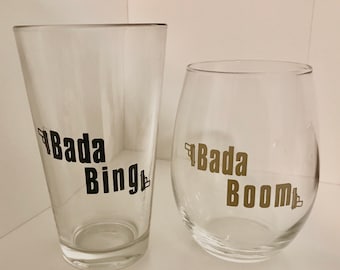 Soprano Wine Glasses- Couples gift, Bada Bing Bada Boom. Wedding gift. Mobsters set of wine glasses. Engagement gift.