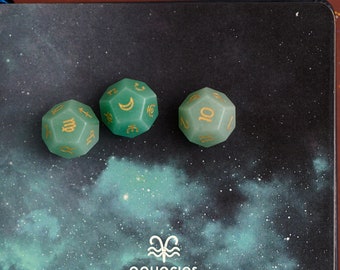 Aventurine Astrology Dice with Silk Tarot Cloth and Engraved Gemstone in Cotton Bag