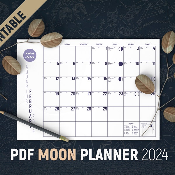 Calendrier lunaire PDF 2024, imprimable, 12 mois, astrologie, signes du zodiaque, phases de la lune, signes de la lune pour tous les jours, phases lunaires