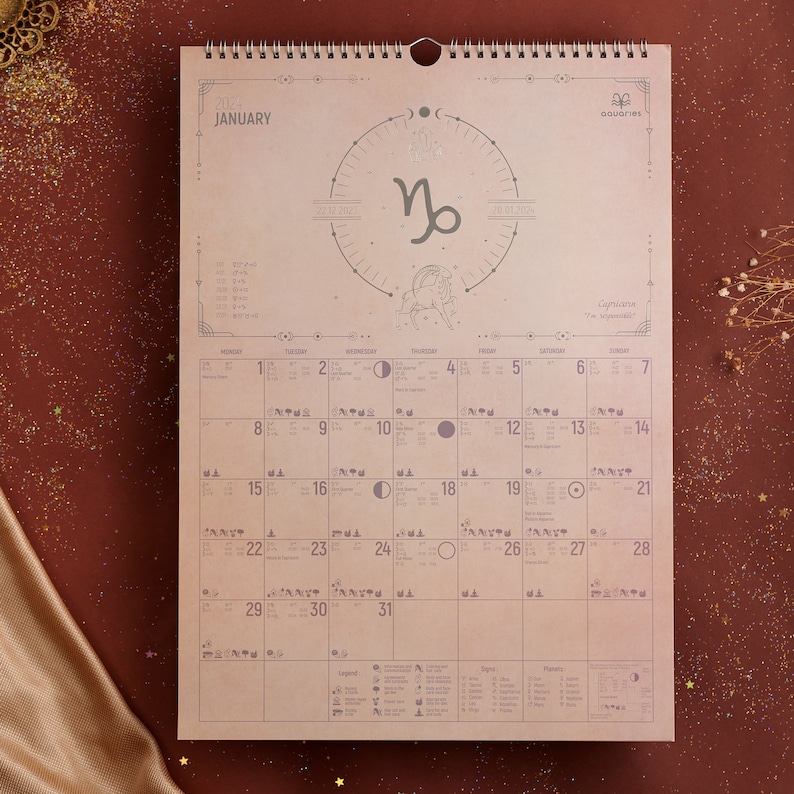 Wall Calendar 2024, Full Astrology Calendar, Lunar Calendar 2024, Daily Planner, Beauty Studio Decor, Astro Art, Moon Calendar, Lunar Phases image 2