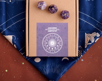 Astrology Gemstone Dice with Amethyst and Silk Tarot Cloth