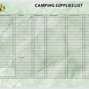 May include: A printable camping checklist with a green background and a black grid. The checklist is divided into sections for clothing, toiletries, cooking, kitchen supplies, camp set up, other, and other (continued). The top of the checklist has a drawing of a tent and trees, and the bottom has a drawing of a campfire.