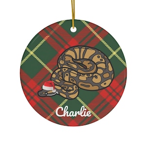 May include: A round ceramic Christmas ornament with a green, red, and yellow plaid pattern. A cartoon snake wearing a Santa hat is curled up on the plaid background. The ornament has the name "Charlie" written in white text at the bottom.