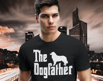 Könnte beinhalten: Ein schwarzes T-Shirt mit einer weißen Grafik eines Hundes und dem Text "The Dogfather".