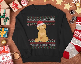 May include: Black Christmas sweater with a festive pattern featuring a dog wearing a Santa hat. The sweater has a red, green, and white pattern with a white snowflake design.