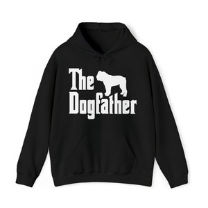 May include: Black hooded sweatshirt with a white silhouette of a bulldog and the text "The Dogfather" in a white, stylized font.