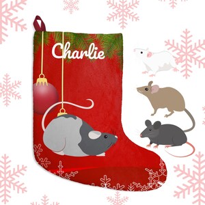 May include: A red Christmas stocking with the name "Charlie" in white script. The stocking features a gray and white mouse illustration, a red ornament, and a sprig of green pine. Pink snowflakes are scattered around the stocking.